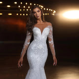 Sine-Faced Light Wedding Dress Long Sleeve Slim Fish Tail Thin Welcome Yarn Temperament Lace Yarn Dress HZ0517