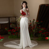 French Light Wedding Dress Bride Retro Feeling Welcome Yarn Temperament Hanging Neck Lace Fishtail Morning Dress Dress Female HZ0517