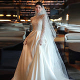 French Light Wedding Dress New Light Luxury Bride's Bridal Fasci Surface Small Tailings Linen Long-Sleeved Lace Yarn HZ0517