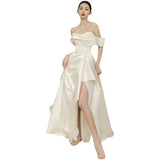 One-Word Shoulder High-End Light Wedding Dress Temperament Light Luxury Bride Wedding Welcome Yarn And Fasci French Wedding Dress Tail HZ0517