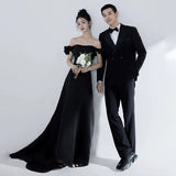 One-Word Shoulder Evening Dress Niche Banquet Host Dress French High-End Feel Fishtail And Set Of Face Dress HZ0517