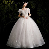 Wedding Dress 2025 New Bubble Sleeve Simple Temperament Starry Sky Dream Hepburn Style V-Neck Thin Tail Wedding Dress HZ0517