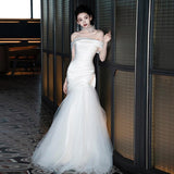 One-Word Shoulder French Light Wedding Dress Super Fairy Small Luxury Fish Tailsen Dress Senior Feeling Bride Welcome Out Of The Yarn HZ0517