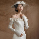 One-Word Shoulder-To-Shoulder Wedding Dress Simple Bride Long Sleeves Go Out Yarn High-End Feeling Small Man With A Vertiny Fishtail Welcome Dress Woman HZ0517