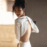 French Long-Sleeved Light Wedding Dress Hepburn Style Temperament Slim Fish Tail Showing Thin Back Simple Welcome Tailed Simplicity HZ0517