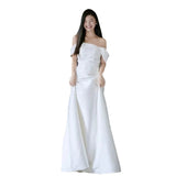 One-Word Shoulder Light Wedding Dress Senior Sense Of The Densified Bride Engagement Welcome Yarn Simple Thin Travel Shoot Summer HZ0517