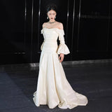 French-Style Densinted Light Wedding Dress Bride Simply Covered The Ancient Long-Sleeved Small Habitat Forest Style Yarn One-Shoulder-Tail Dress HZ0517