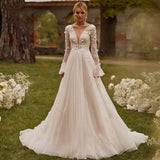 Sexy Perspective Wedding Dress Long Sleeve Embroidery Deep V Ponp Wedding Bridal Wedding Bridal Wedding Bridal Wedding Studio HZ0517