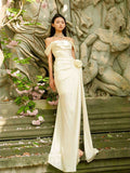 French White Light Wedding Dress Shoulder Flower Dress Slim Thin Banquet Dress Long Dress HZ0517