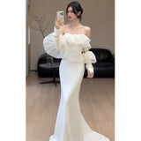French Word Shoulder-Senselyny Light Wedding Dress Bride Simple Mori High-Quality Fishtail Welcome Dress Dress Yarn HZ0517