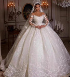 New African Wedding Dress Complexion Lace Long-Sleeved High-Waisted Diamond 3D Three-Dimensional Flower Bridal Wedding Dress HZ0517