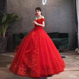 One-Word Shoulder Red Wedding Dress New Dress Together With The Thin Bride Fluffy Skirt Wedding Dress Wedding Dress Chinese High Sense HZ0517