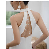 White Evening Dress Acetate-Sin Noodle Light Luxury Morning Robe Bride Toast High-End Hanging Neck Repair Dress HZ0517