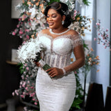 Mermaid Wedding Dress African Luxury White Beaded Lace Full-Sleeve Vintage Elegant Bride Dress Dress 2026 HZ0517