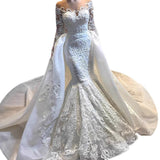 White Mermaid Wedding Dress Removable Tulle Long-Sleeved Lace Beaded Shiny Long Wedding Dress HZ0517