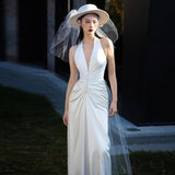 French Light Wedding Dress Bride Simple Temperament Of The Fascling Stern V. Collar Pat The Yarn White Hanging Neck-Lout Dress HZ0517