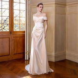 French-Style Linden Face Shoulder Light Wedding Dress Bride Simple Go Out Yarn Super Xian Sen System Body Fishtail White Dress Dress HZ0517