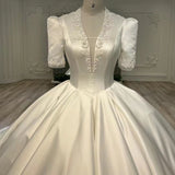 French-Style Densate Wedding Dress 2026 New Bridal Main Wedding Dress Simple Middle Sleeve Deep V-Neck Wedding Dress Direct Sales HZ0517