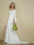 One-Word Shoulder Long Sleeves And Two Elegant Fishtails And Bridal Wedding Lawn Tour HZ0517