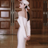 One-Word Shoulder-Sand-Socket French Light Wedding Dress Simple White Thin Fish Tail Long Sleeve 2025 New Banquet Dress HZ0517
