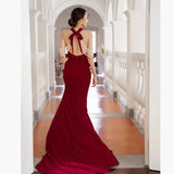 Wine Red Toasting Bride's New Fish Tail Repair Slimy Temperament Bare Back Sexy Hanging Neck Dress Texture Marriage HZ0517