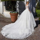 New Bridal Wedding Dress Word Shoulder Long Sleeves Thin Temperament Drag Lace Dress HZ0517