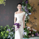 French Light Wedding Dress A Word Shoulder Engagement Dress 2026 New High-End Light Dress Certificate Registration Small White Dress Woman HZ0517