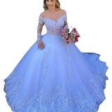 Wedding Dress 2026 New Starry Sky Blue Princess Skirt Prom Master Wedding Bridal Lace Sticker Long Sleeves Out Of The Yarn HZ0517