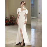 French One-Word Shoulder-To-Night Dress Sexy Open-Fork White Art Test Solo Performance Suit Waist Fish Tail Small Tail Light Marriage HZ0517