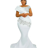Shiny Long Mermaid Wedding Dress For Black Girl Side-Shoulder Diamond Bridal Dress Sweeping Tailings HZ0517