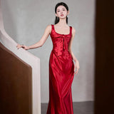 High-End Feeld Dingy Toasting French Wine Red Morning Dress Female Wedding Dress Sling Wedding Dress HZ0517