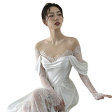 French-Style Silk Dress Light Luxury New Bridal Lace A Word Shoulder Light Dress Small Out Of The Yarn HZ0517