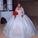 Luxury Grand Ball Dress Lace Lebright Wedding Dress V-Neck Long Sleeve Bride Dress Pearl Lace Duffet Long Sleeve HZ0517