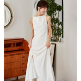 French White Bride High-End Feel Dress Simple Retro High-Waist Travel Holiday Certificate Registration Dress HZ0517