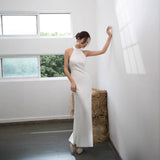 White Evening Dress Acetate-Sin Noodle Light Luxury Morning Robe Bride Toast High-End Hanging Neck Repair Dress HZ0517