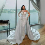 Ding Noodle Bride Wedding Dress White Lace Temperament Main Wedding Dress Beads Long Sleeve Removable Tailed Wedding Dress HZ0517