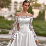 One-Word Shoulder Wedding Dress Long-Sleeved Lace Bridal Prom Temperament Elegant Vertevester Tail White Simplicity HZ0517