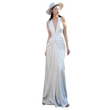 French Light Wedding Dress Bride Simple Temperament Of The Fascling Stern V. Collar Pat The Yarn White Hanging Neck-Lout Dress HZ0517