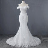 New Wedding Dress A Word Shoulder To Waist Fish Tail Thin Bride Marriage Simple Tail Wedding Dress HZ0517