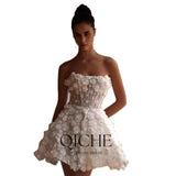 For A Word Shoulder Three-Dimensional Flower Short Dress Before The Long Tailed Bride Engagement Dress HZ0517