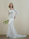 French Lace Elegant Temperament Shoulder Long-Sleeved Fish Tail Thin Bride Outdoor Lawn Wedding Dress Wedding Dress HZ0517
