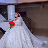 Luxury Grand Ball Dress Lace Lebright Wedding Dress V-Neck Long Sleeve Bride Dress Pearl Lace Duffet Long Sleeve HZ0517