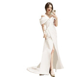 French One-Word Shoulder-To-Night Dress Sexy Open-Fork White Art Test Solo Performance Suit Waist Fish Tail Small Tail Light Marriage HZ0517