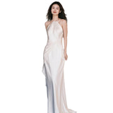 Hanging Neck Light Wedding Dress Thin Fish Tail Small Tail Bridal Certificate Registration Super Fairy Go Out Yarn White Dress Morning Robe Yarn HZ0517