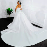 Shiny Long Mermaid Wedding Dress For Black Girl Side-Shoulder Diamond Bridal Dress Sweeping Tailings HZ0517