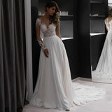 Long-Sleeved Wedding Dress 2026 New Bride Simple U-Neck Big Dew Back Shot Small Tail Lace Thin Object HZ0517