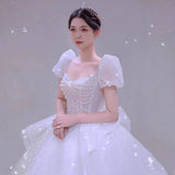 Main Wedding Dress 2026 New Bridal Starry Sky French Tail White Shoulder Bubble Sleeves To Cover The Dignified Atmosphere Of The Arm HZ0517