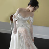 French-Style Silk Dress Light Luxury New Bridal Lace A Word Shoulder Light Dress Small Out Of The Yarn HZ0517
