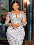Wedding Dress Woman's New Light Luxury Heavy Industry Nails Fish Tail Long Sleeve Deep V Body-Tailed Bridal Main Wedding Dress HZ0517