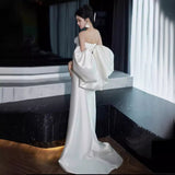 French Linden Noodles With Light Wedding Dress Bridal Minority Simple White Fishtail Welcome Yarn Wedding Dress Dress HZ0517